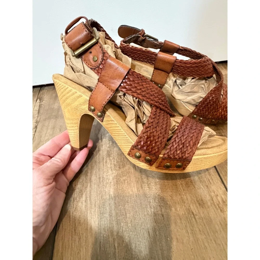 GH Bass Sadie Woven Leather Wood Platform Sandals Brown boho strap's braided